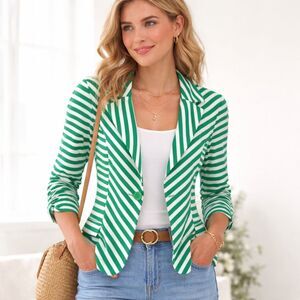 Preppy Green & White Striped Ruched Sleeve Blazer Cardigan Coastal Grandma